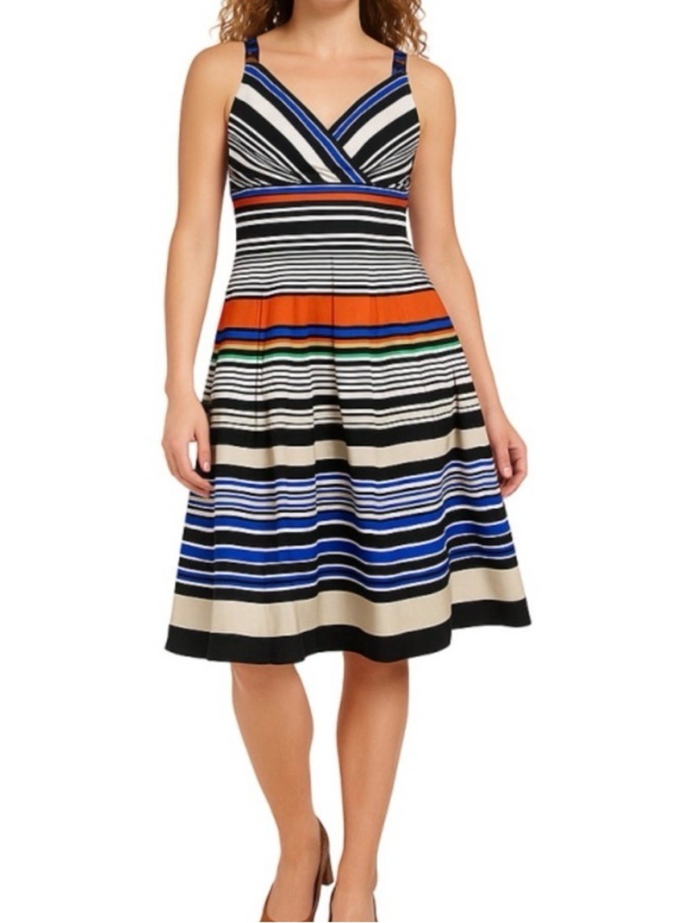 Calvin Klein Multicolor Striped Fit & Flare Pleated Sundress Cotton Stretch Midi